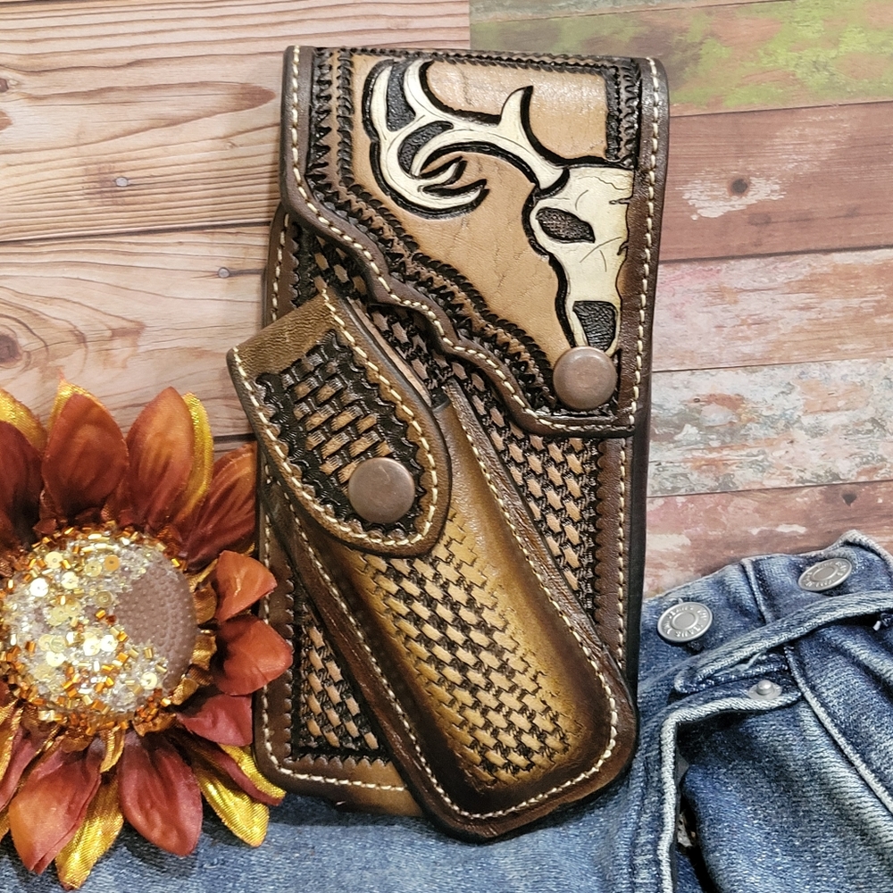 Longhorn Leather Phone Holstor With Knife Sheath Handtooled Sz LARGE 7x4"